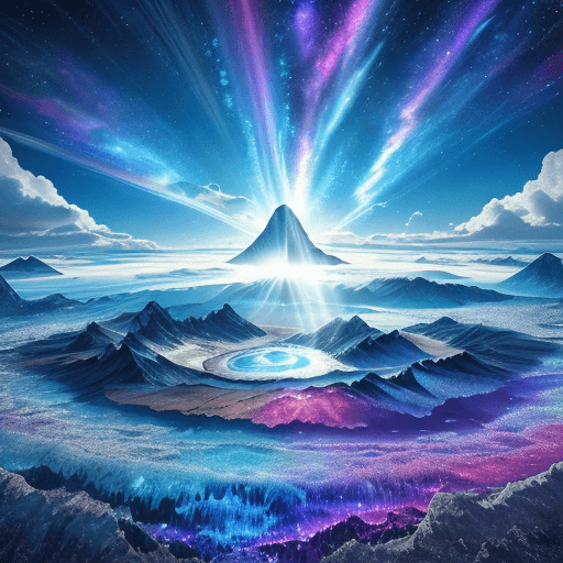 AI generated: Beautiful prismatic-plasma lake blue crystal, mounteins epic, extreme detail, 4k, ultra hd, hyper de...