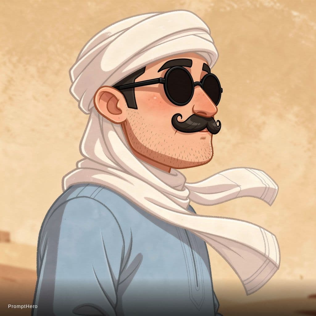 AI generated: A stylized cartoon portrait of an Upper Egyptian (Sa’idi) man in a three-quarter view, with the righ...