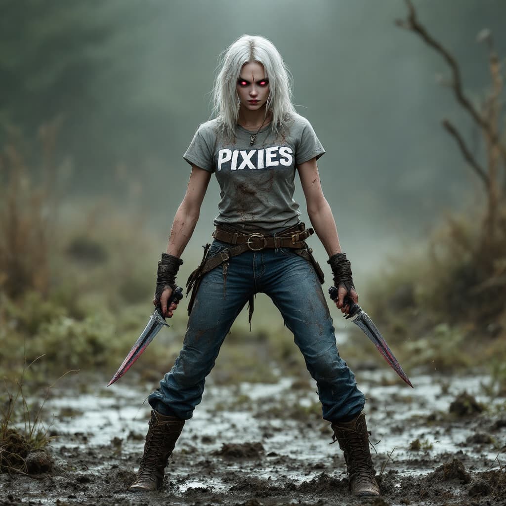 AI generated: A young adult female, white skin, white hair, pink glowing eyes, wearing a PIXIES t shirt, Blue jean...