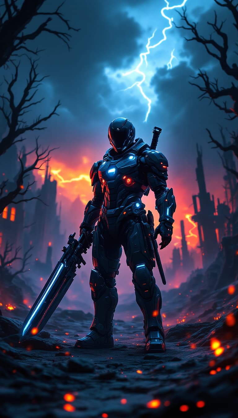 AI generated:  A futuristic post-apocalyptic scene featuring a lone super-soldier seen from a dramatic low-angle p...