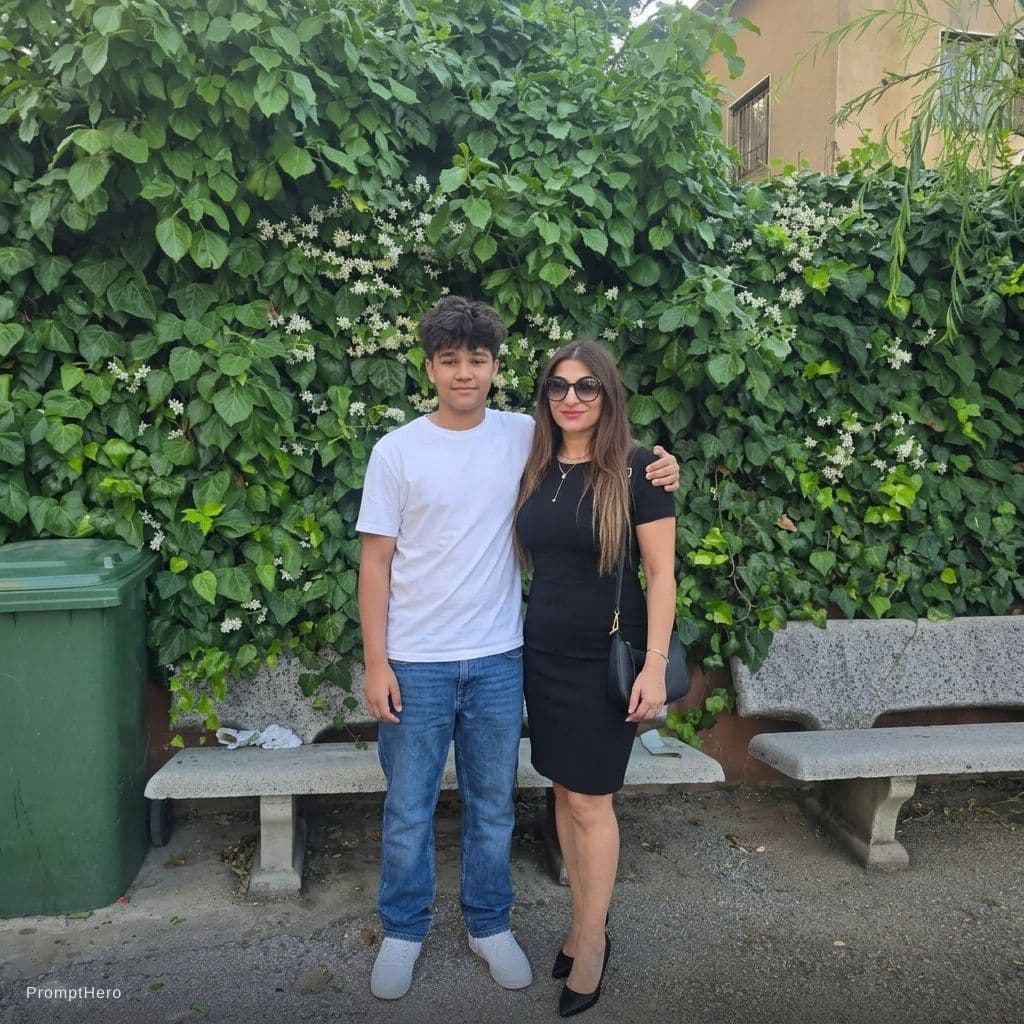 AI generated: Me in short black dress my son in a jeans ans white t shirt and messy black brown hair style remove ...