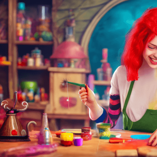 AI generated: happy young witch with bright red hair and her cat in her brightly lit and magical mysterious magic ...