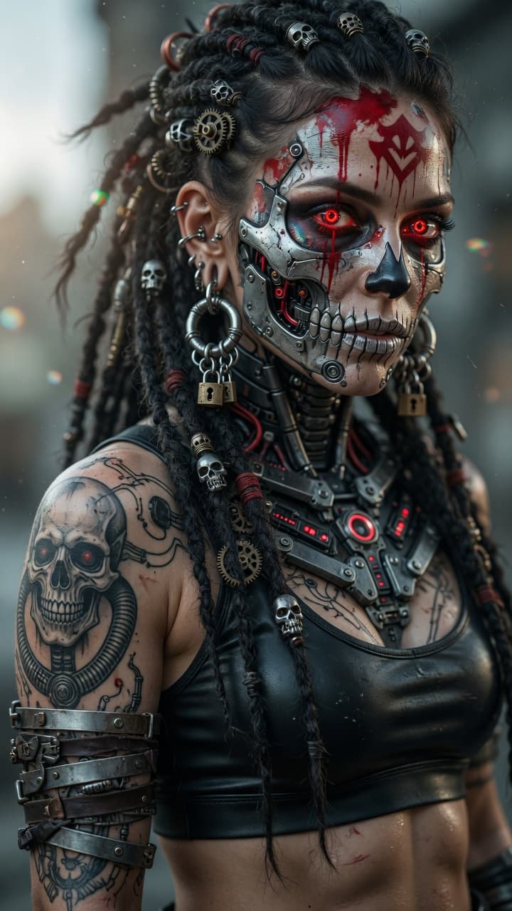 AI generated: Ultra-photorealistic cinematic portrait of a powerful cyberpunk warrior woman in her mid-20s, captur...