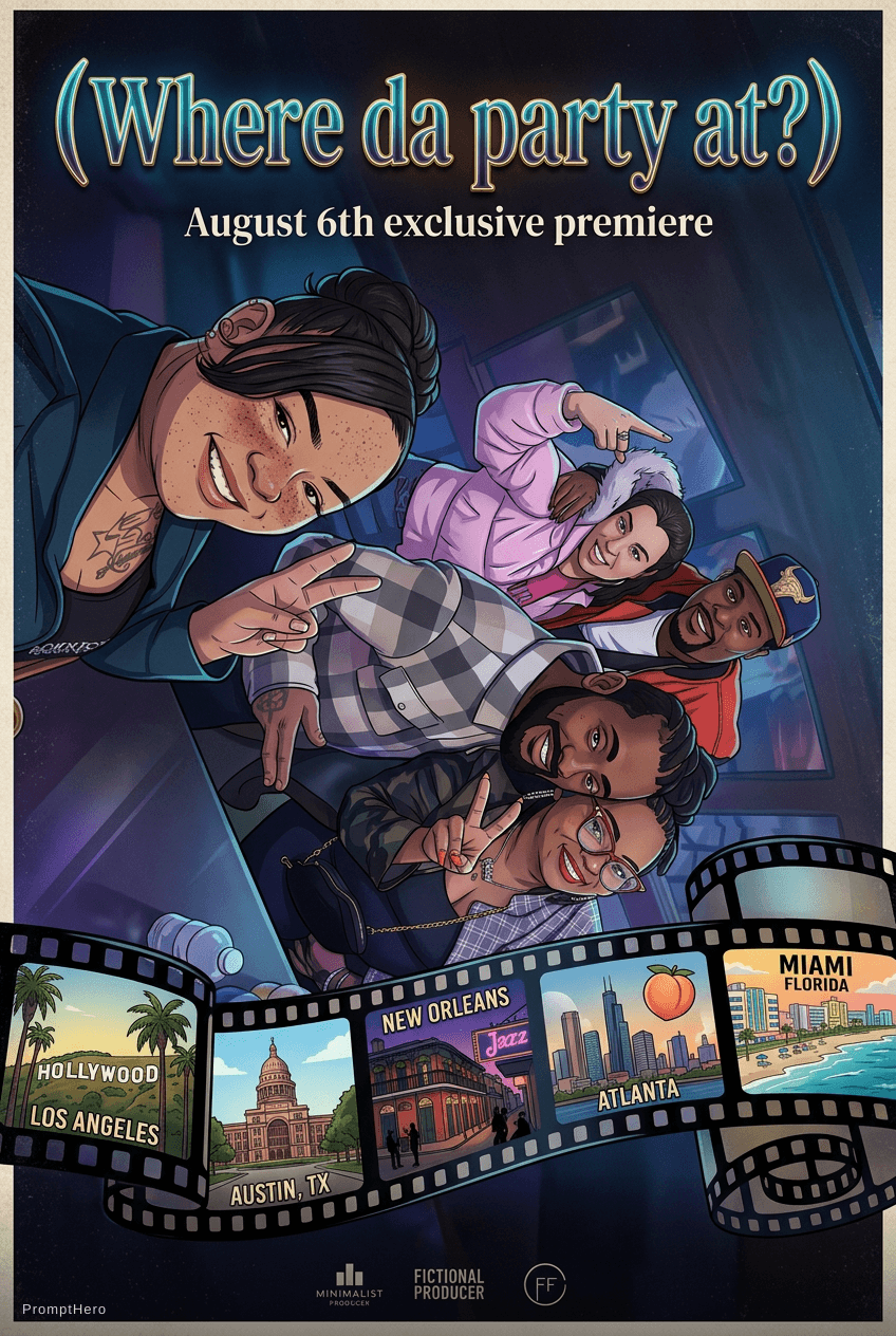 AI generated: Make it animated cartoon but realistic 2d and the movie is called (Where da party at?) August 6th ex...