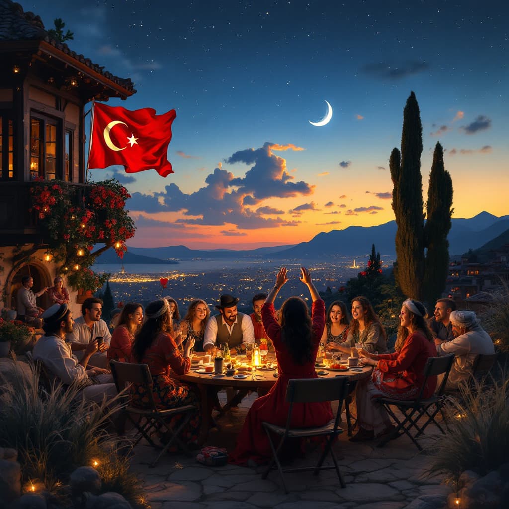 AI generated: A regional night in Anatolia, Turkiye. Detailed. Crescent moon in the sky. A Turkish flag in the bac...