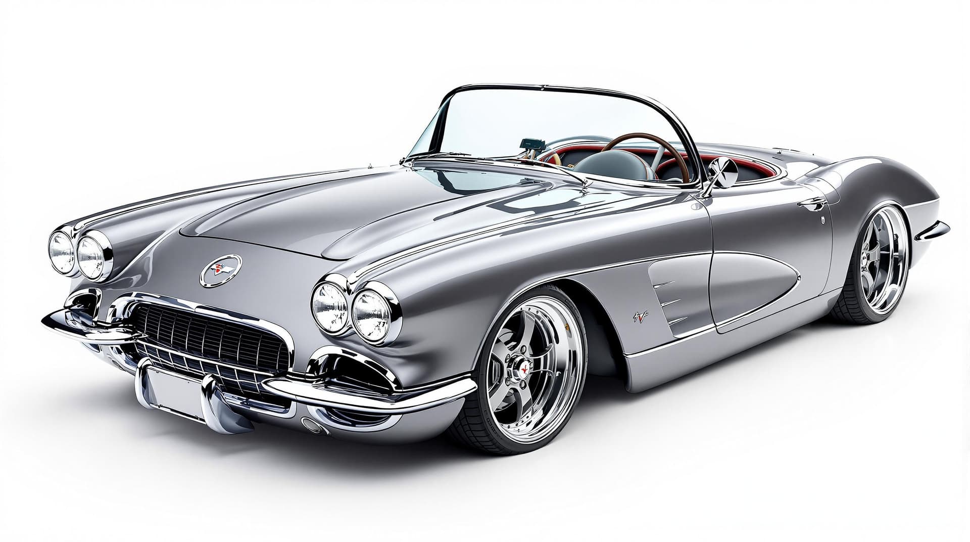 AI generated: Hyper realistic 1959 chevy corvette convertible, top front side view, gray color, restomod with 20" ...
