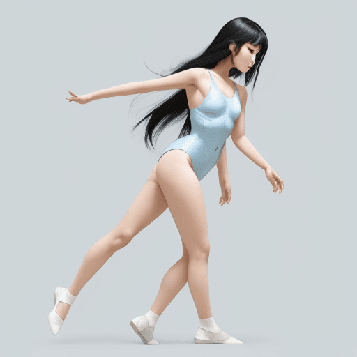 AI generated:  The image features a slim asian girl wearing a light blue leotard long black hair side view full bo...