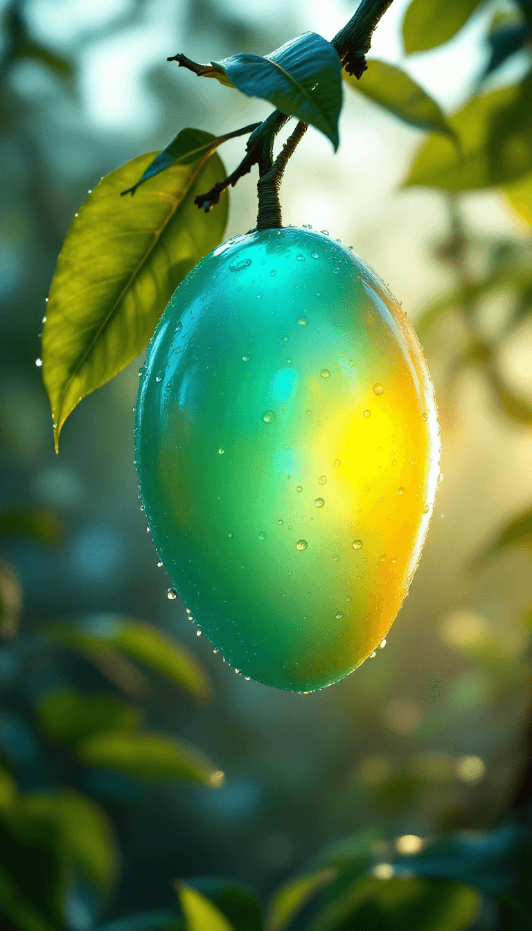 AI generated: ((a delicate big mango)), made from polished turquoise, hangs from a branch in a lush, tropical grov...