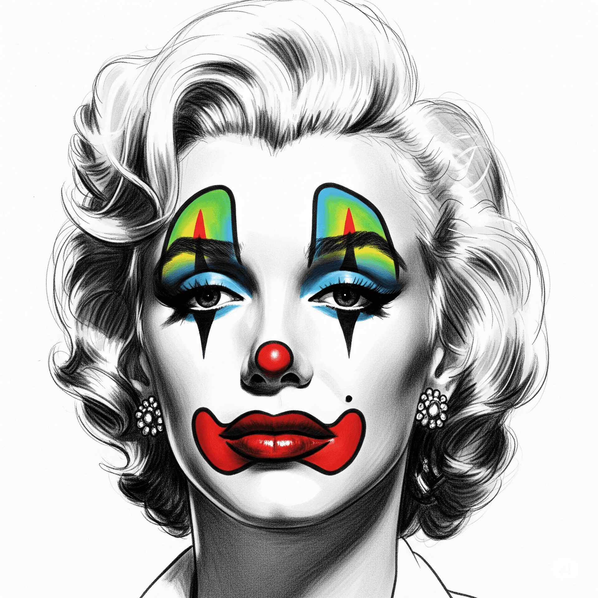AI generated: A drawing in the style of a vintage illustration, featuring Marilyn Monroe with a full face of tragi...