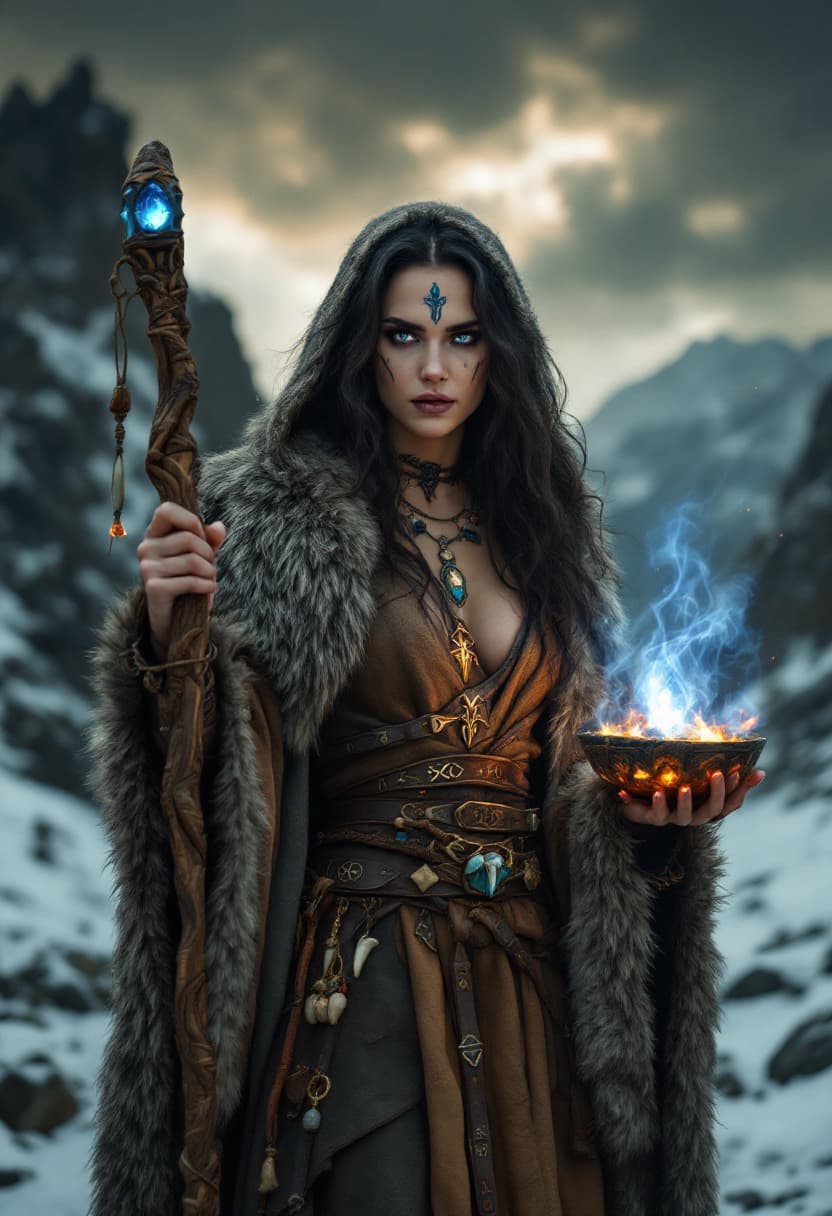 AI generated: A mystical image of Natalie Portman dressed as a Norse shaman, standing in a rugged, snow-covered la...