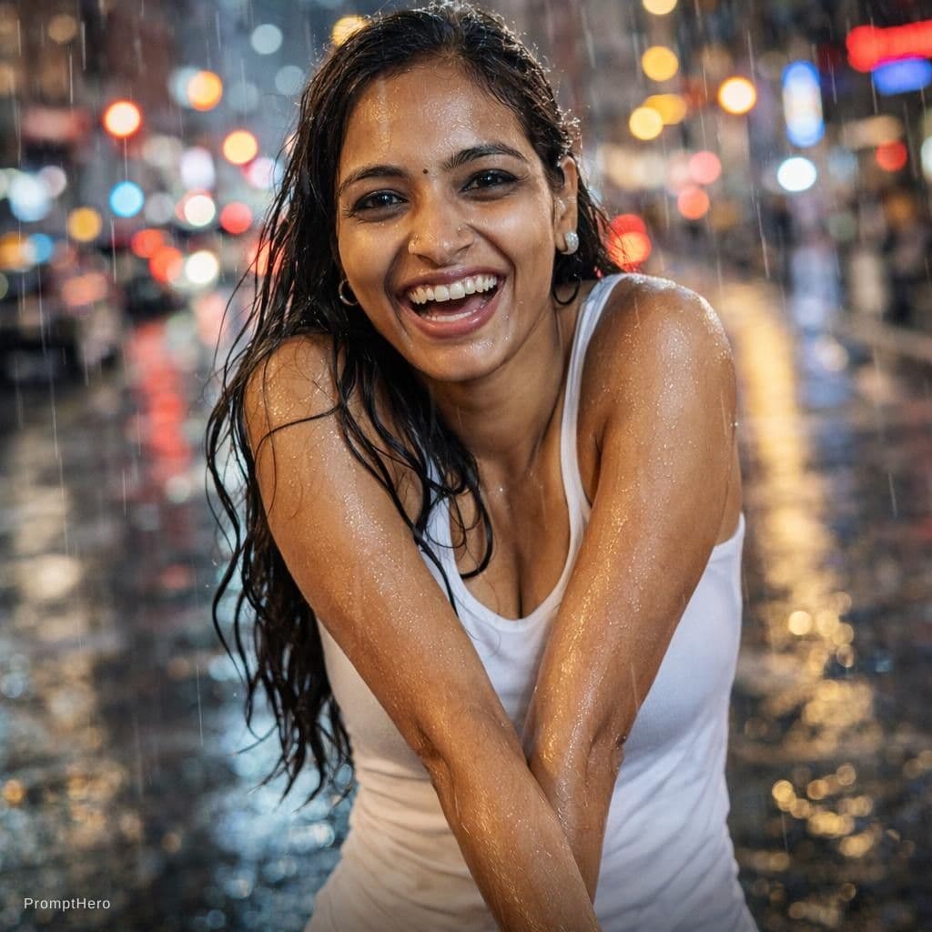 AI generated: iphone photo woman, long brunette hair, walking the city streets at night in the rain, shoulders shr...