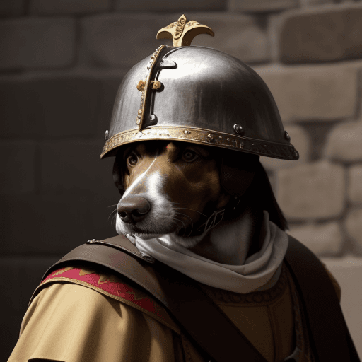 AI generated: Spanish dog with a conquistador helmet in Flanders