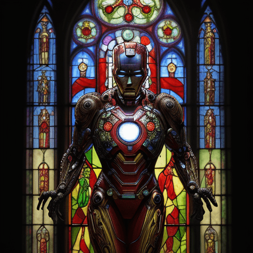 AI generated: stained glass window of baby ironman, Intricate, Colorful, Glowing, Religious, Highly detailed, Goth...