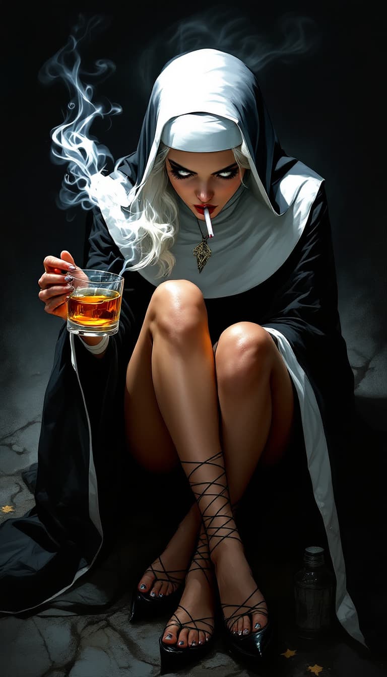 AI generated: Comic book cover illustration, full body shot of a white-haired nun, smoking, with a cup of whiskey ...