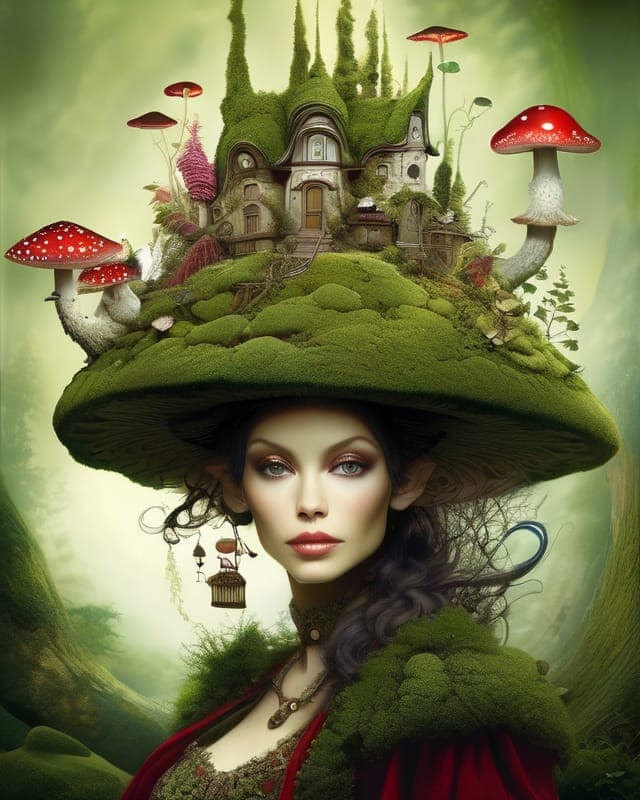 AI generated: A beautiful photographic-Fantasy of an elf woman wearing a (HUGE) intricately beautiful garden-bush-...
