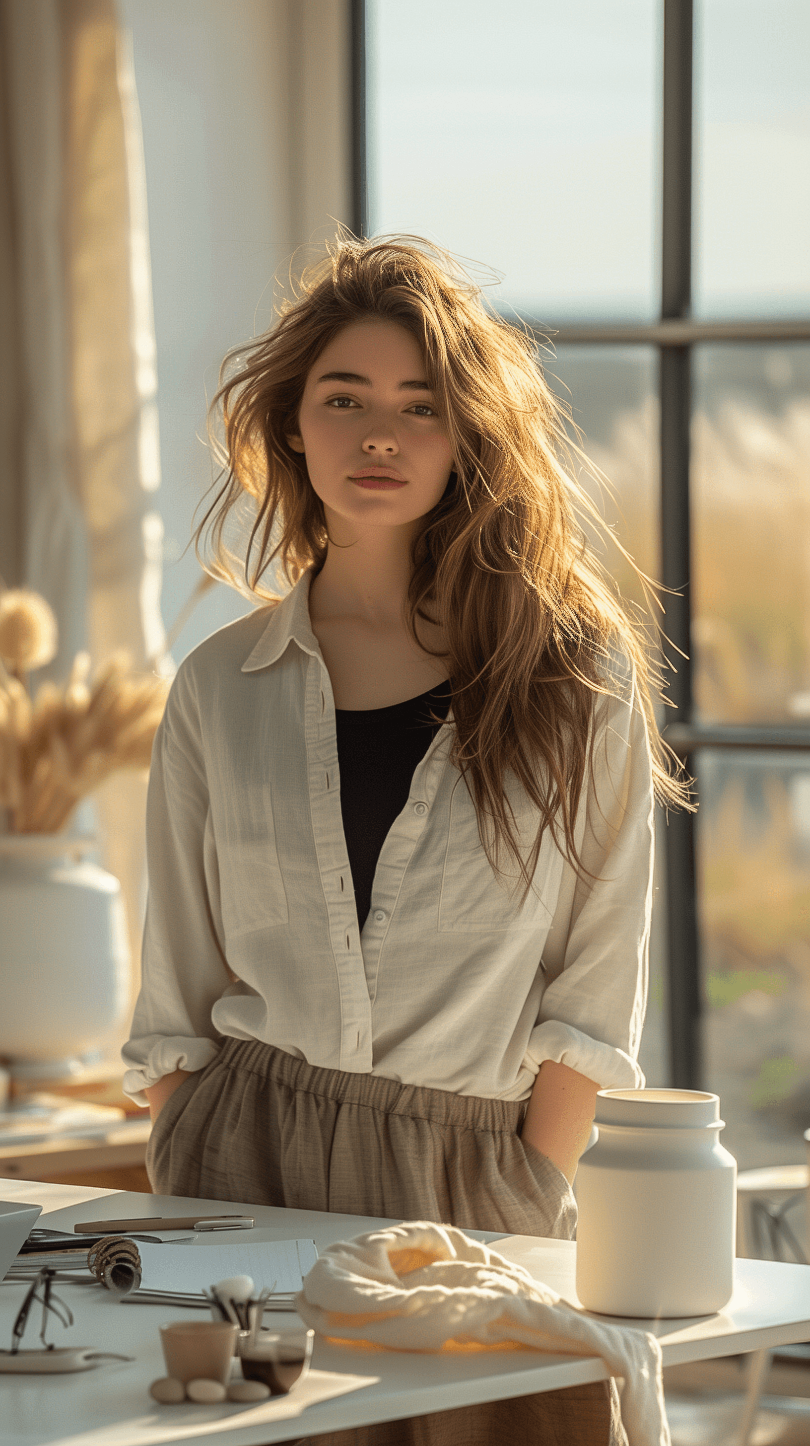 AI generated: Modern, minimalist workspace, focused designer woman at a white desk, surrounded by objects of produ...