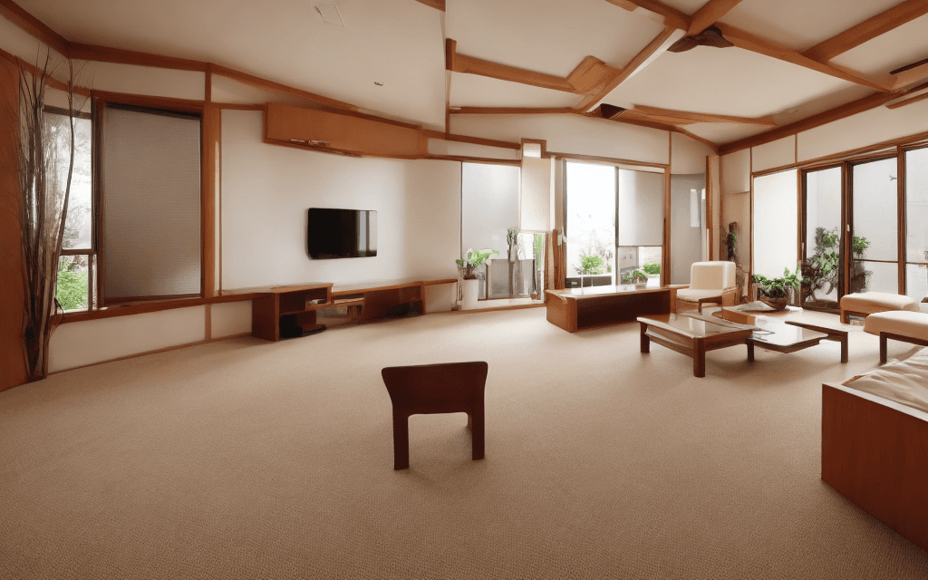 AI generated: japenese living room with wooden cabinet, beige carpet,brown sofa,floor-to-ceiling windows