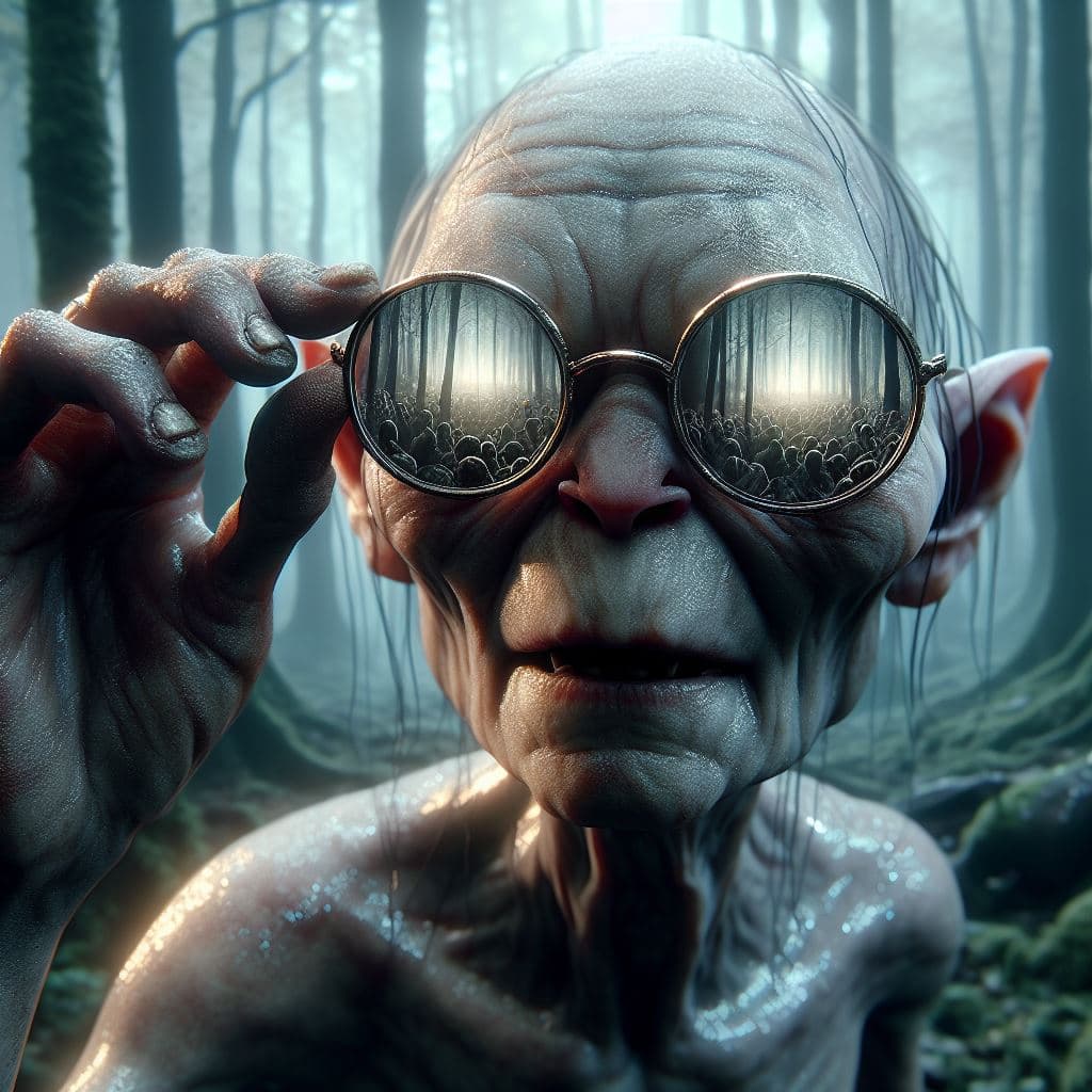 AI generated: Gollum in the forest, shiny, highly detailed, photorealistic, dynamic light, glasses, extreme nightm...