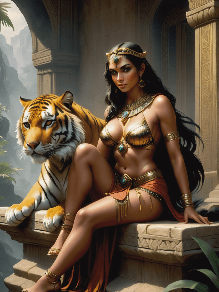 AI generated: a woman sitting on a ledge next to a tiger, fantasy art smug smile man, sexy dominant pose, queen of...