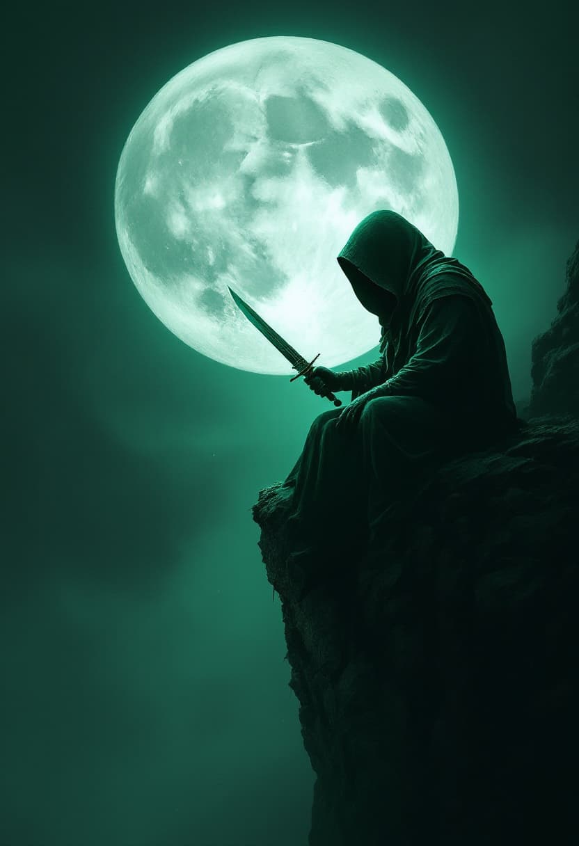 AI generated: A hooded figure sits on the edge of a cliff, holding a dagger with both hands on the top hilt, erasi...