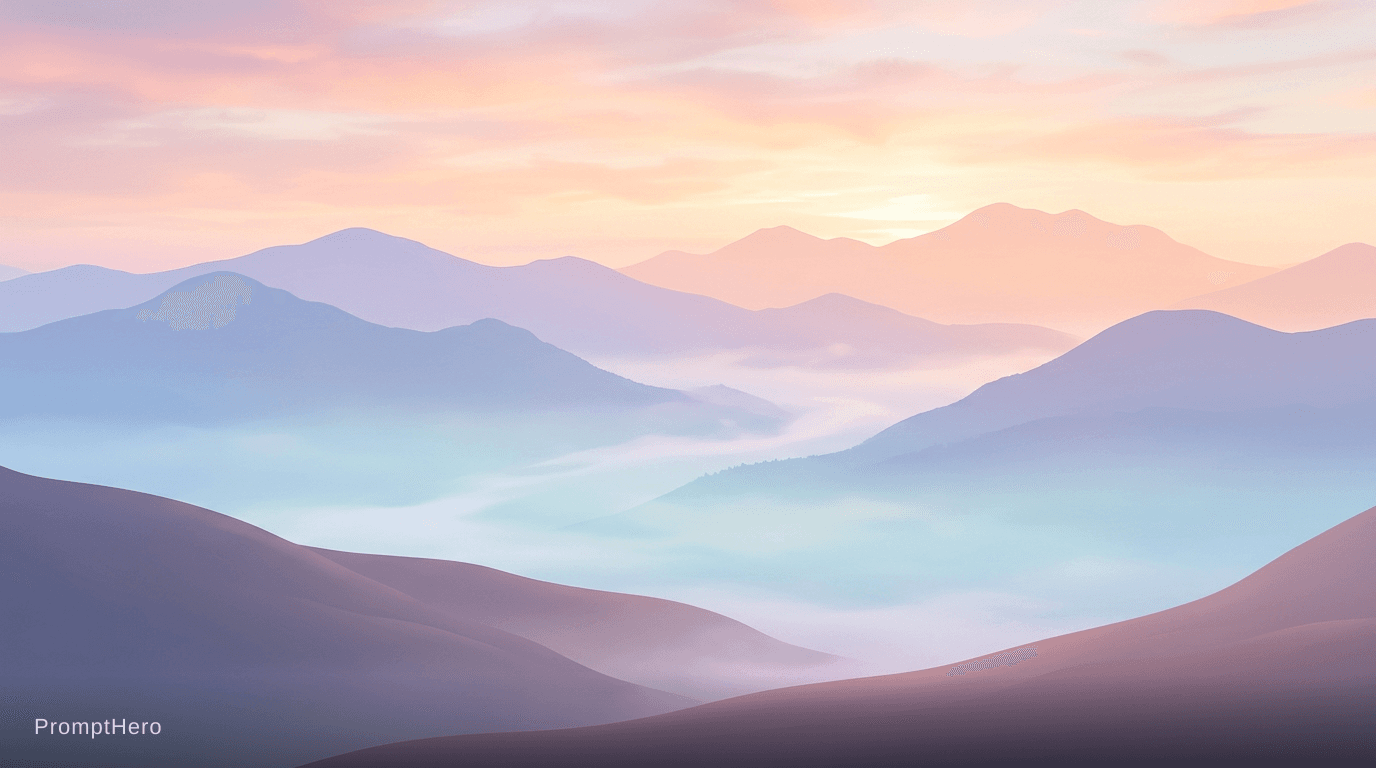 AI generated: minimalist mountain landscape, soft pastel colors, misty valleys, calm and peaceful