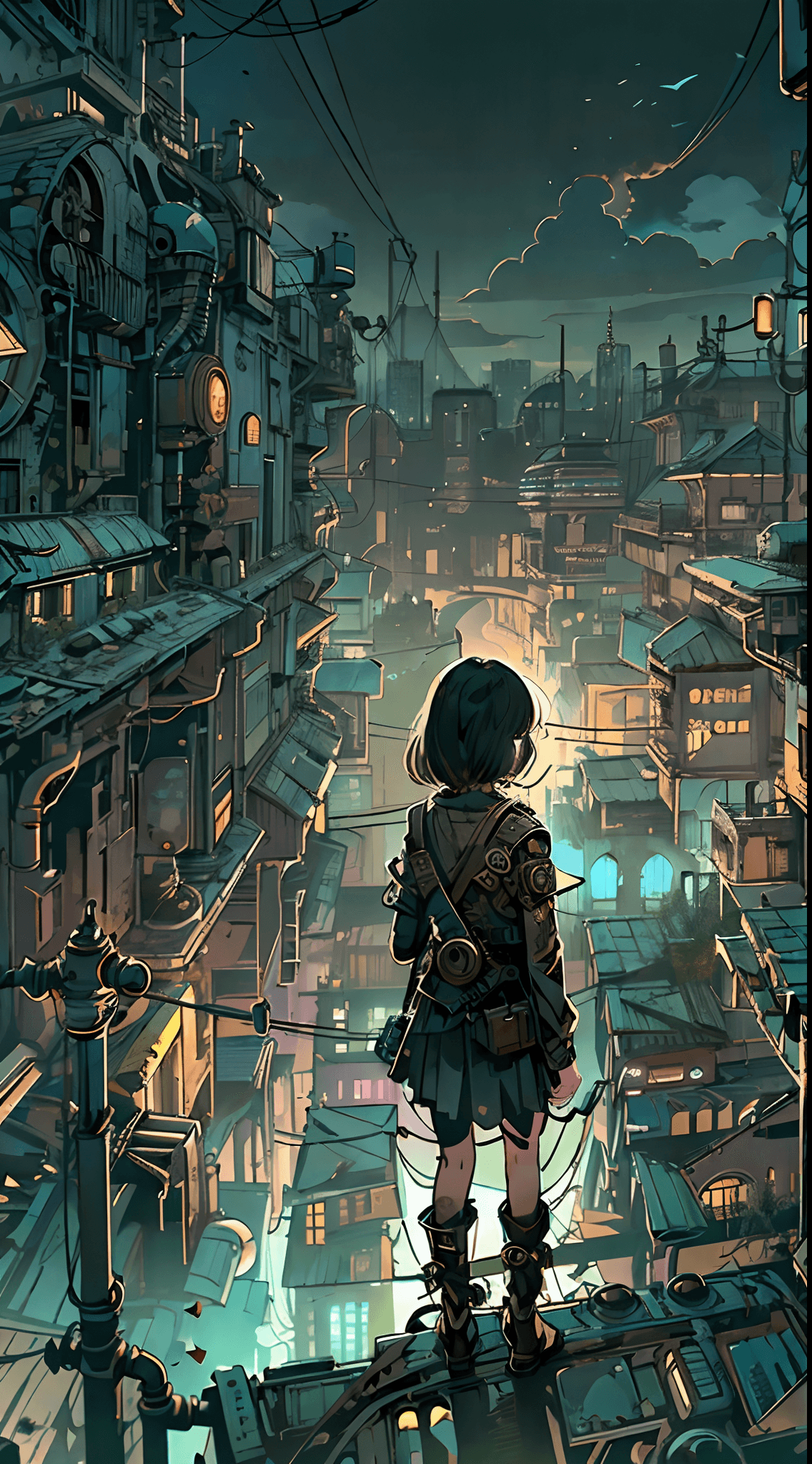 AI generated: In a dystopia, A young girl wanders into a post apocalyptic steampunk skyscraper、One little girl's b...