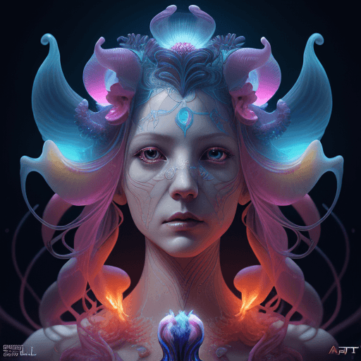 AI generated: Goddess close-up portrait ribcagel. jellyfish phoenix head, nautilus, orchid, skull, betta fish, bio...