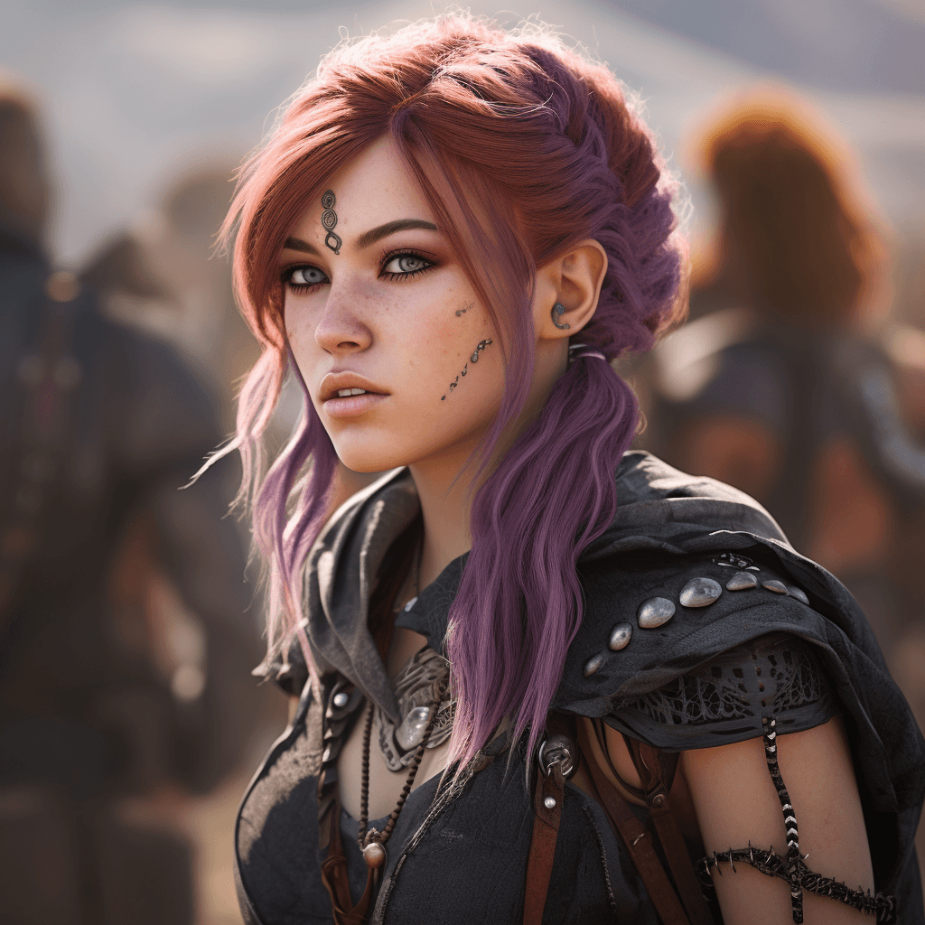AI generated: a picture of girl viking lifestyle, standing with her friends, purple hair, epic, front face, closeu...