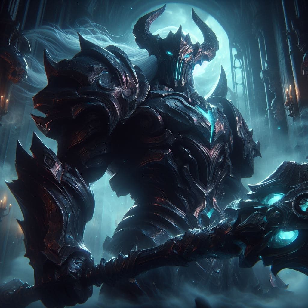 AI generated: Create an epic 3D rendering featuring Mordekaiser from League of Legends. Immerse Mordekaiser in a d...
