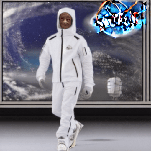 AI generated: a Blackman in a white ski mask and is wearing white track suit, with a nasa logo on his tracksuit, s...
