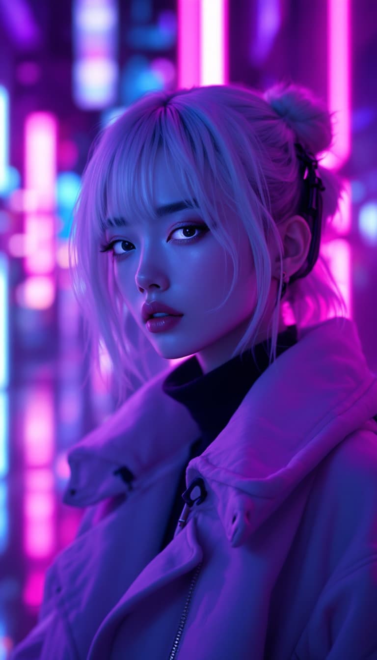 AI generated: A Japanese lady with white contact lenses and thick eyeshadow, wearing an oversized coat on a black ...