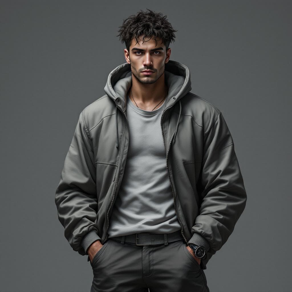 AI generated: create a gray male 2d with nice hooded main colored jacket, a nice pants.create a gray male 2d with ...