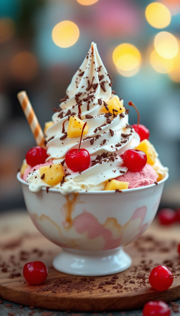AI generated: bowl of delicious icecream, topped with cream, pineapple, cherries, sprinkeld with chocolate, hi glo...