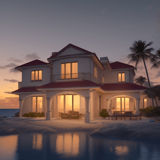 AI generated: a 4k ultrarealistic photorealistic seaview mansion, during slightly cloudy evening and sunset. The h...