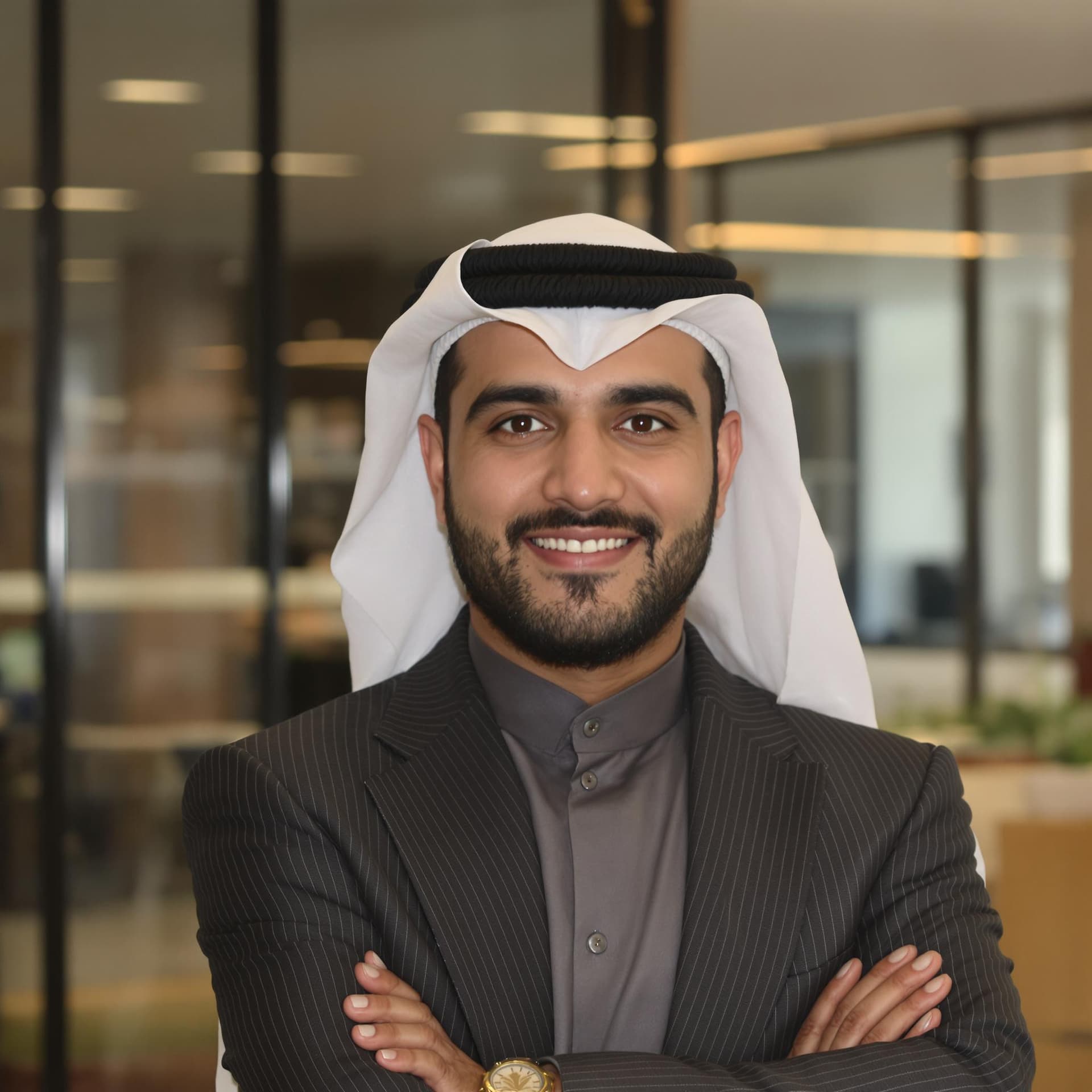 AI generated: clean shaven arab business man posing against office background