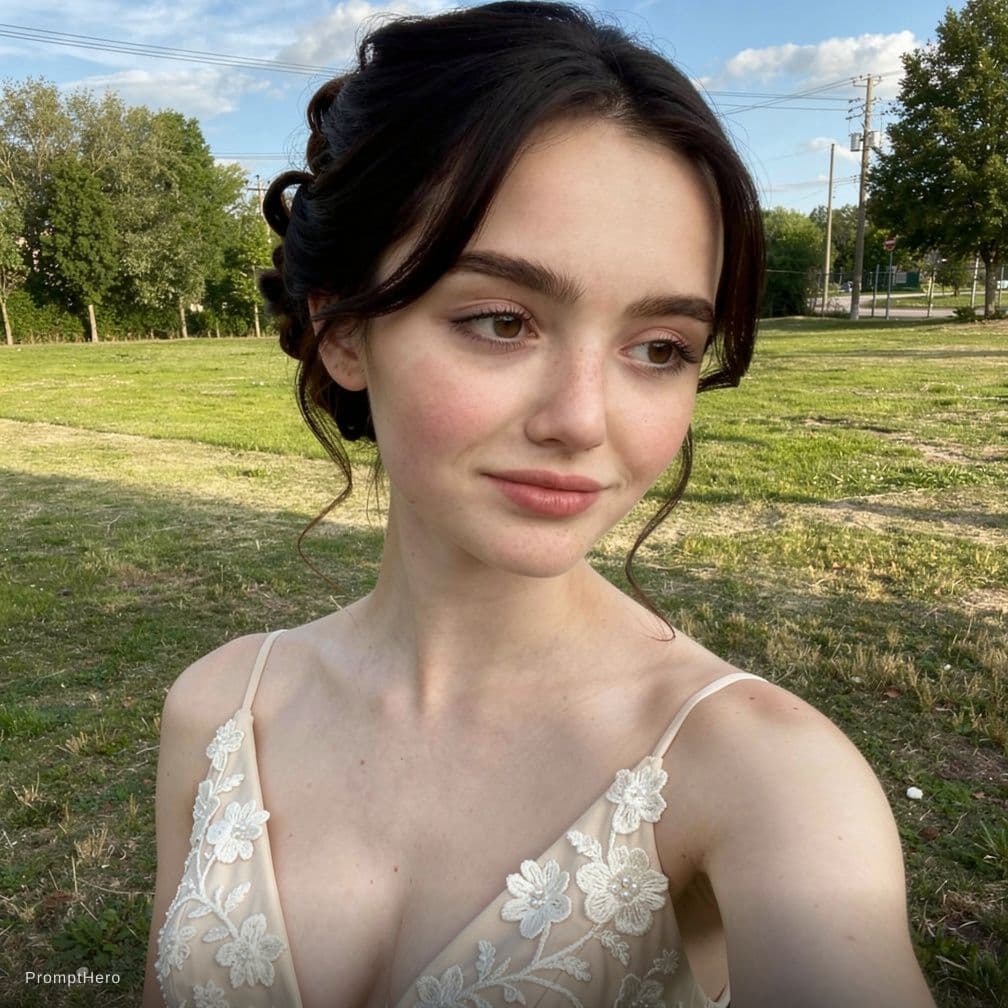 AI generated: A stunning young woman with dark-brunette hair styled in a loose, elegant updo, soft tendrils framin...