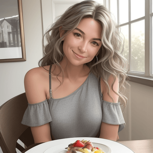 AI generated: An image of a woman seated at a dining table, exuding casual elegance with a warm smile and forward ...