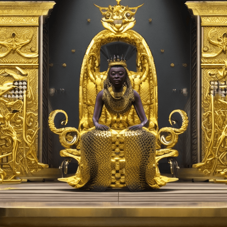 AI generated: A very beautiful queen sitting on a black throne made of gold, with a serpent-dragon like elements a...