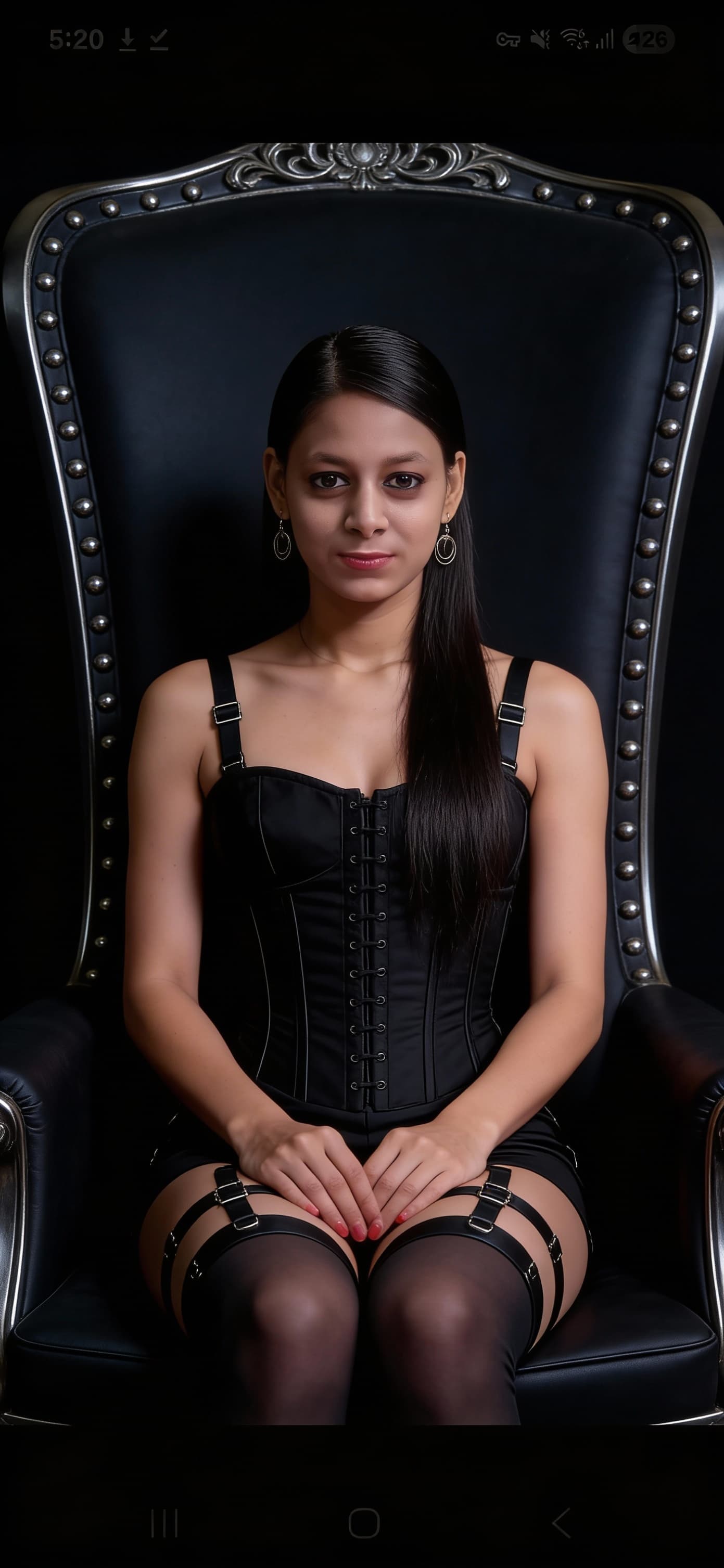 AI generated: The image shows an adult woman seated in a large, dark, high-backed chair with decorative metal stud...