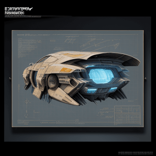 AI generated: delorian, sketches blueprint of futuristic sci-fi huge spacecraft, warp engines, formulas and annota...