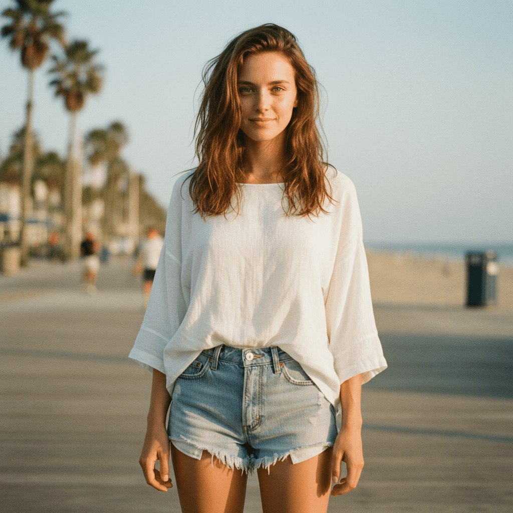 AI generated: full body Instagram like photo, slim 25-year-old younger looking gorgeous, , thigh gap, little smile...