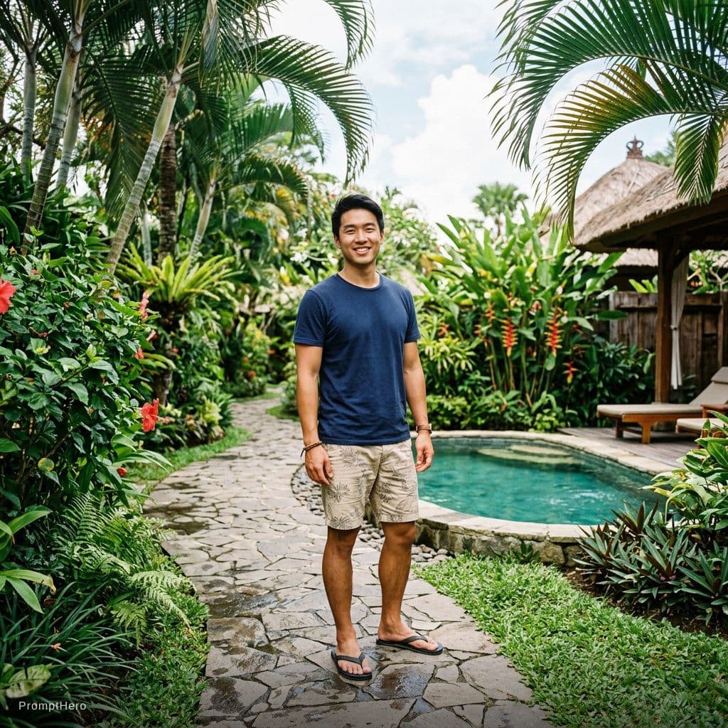 AI generated: tropical paradise with palm trees, lush greenery, a small pool, and stone pathway with a Asian man i...