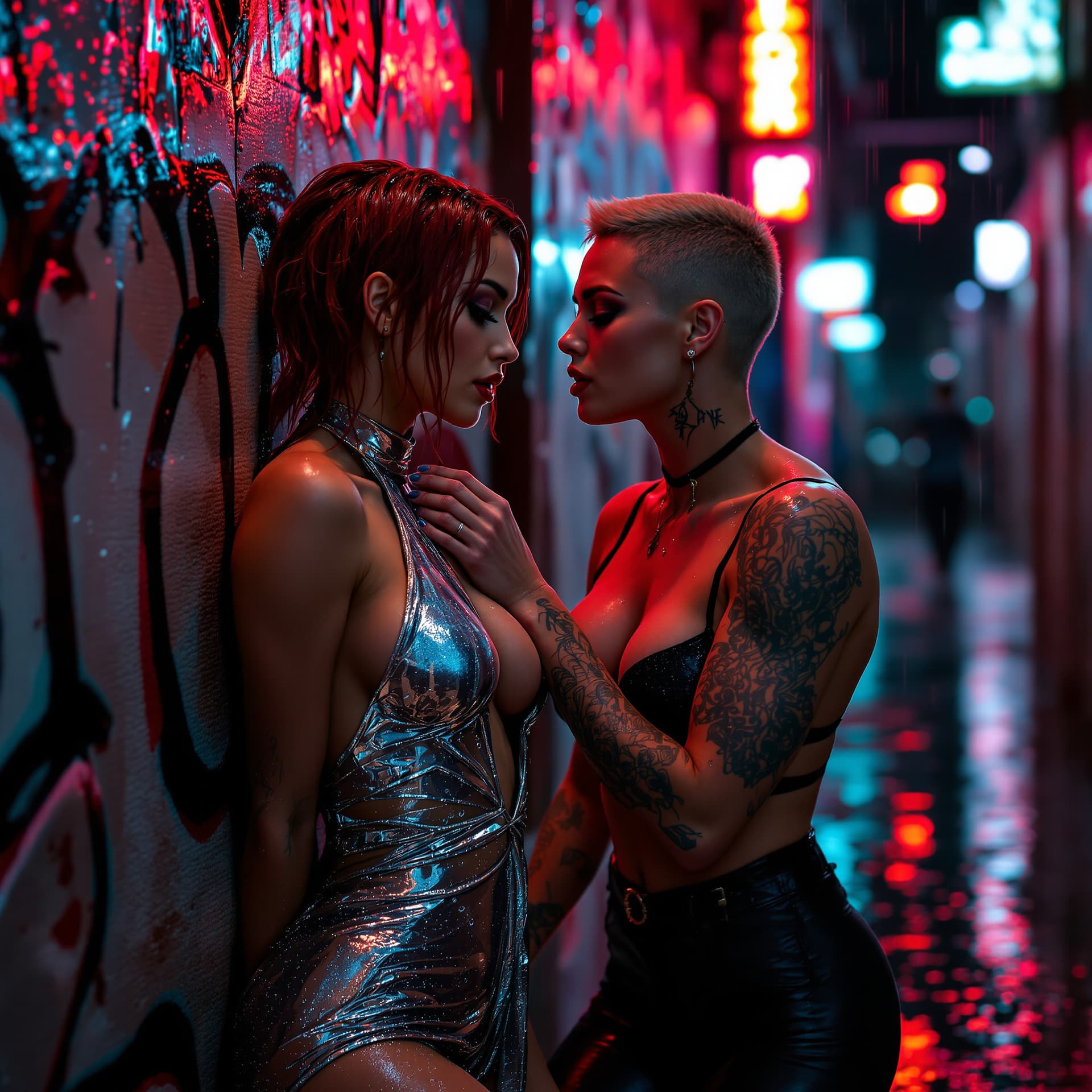 AI generated: 8K RAW cinematic scene of TWO athletic women in neon-soaked alley, Canon 5D Mark IV, 24mm f/1.4, HDR...