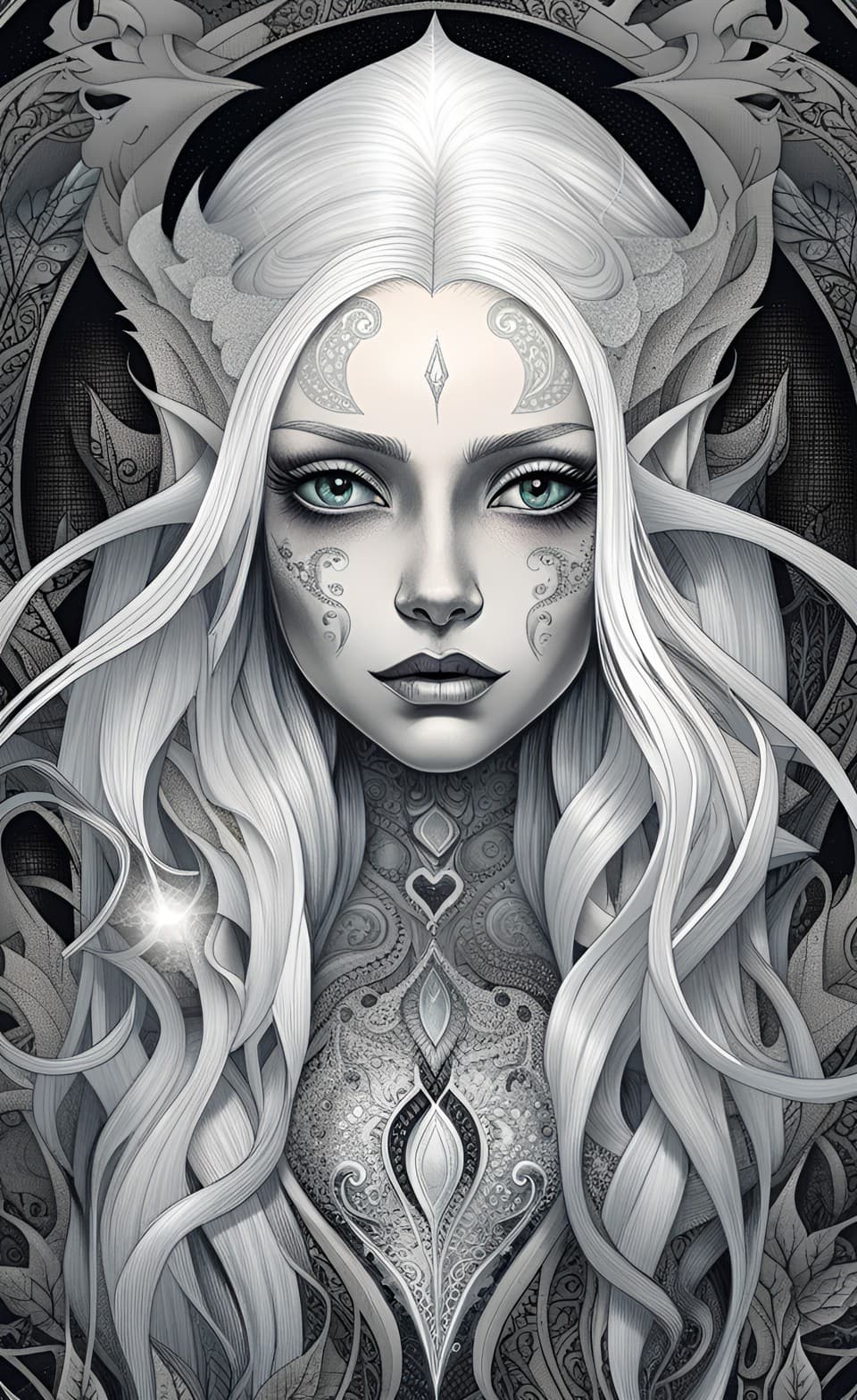 AI generated: Young fantasy woman with elf ears, long white hair, pale shimmery skin, big grey sparkling eyes, glo...