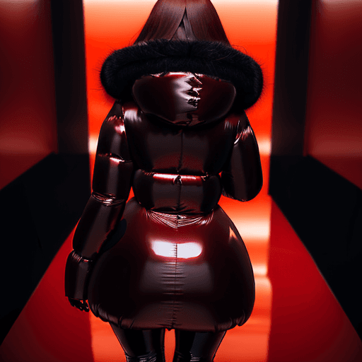 AI generated: an european woman with brown hair in a very puffy shiny red down-filled very long closed coat with w...