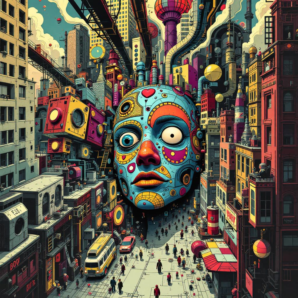 AI generated: cartoon with a colorful face surrounded by a city, in the style of tim doyle, industrial forms, pack...