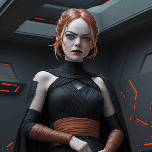 AI generated: Rey Skywalker (Emma Stone face) as sith in Black Sith outfit, dark red lips, orange eyes from star w...