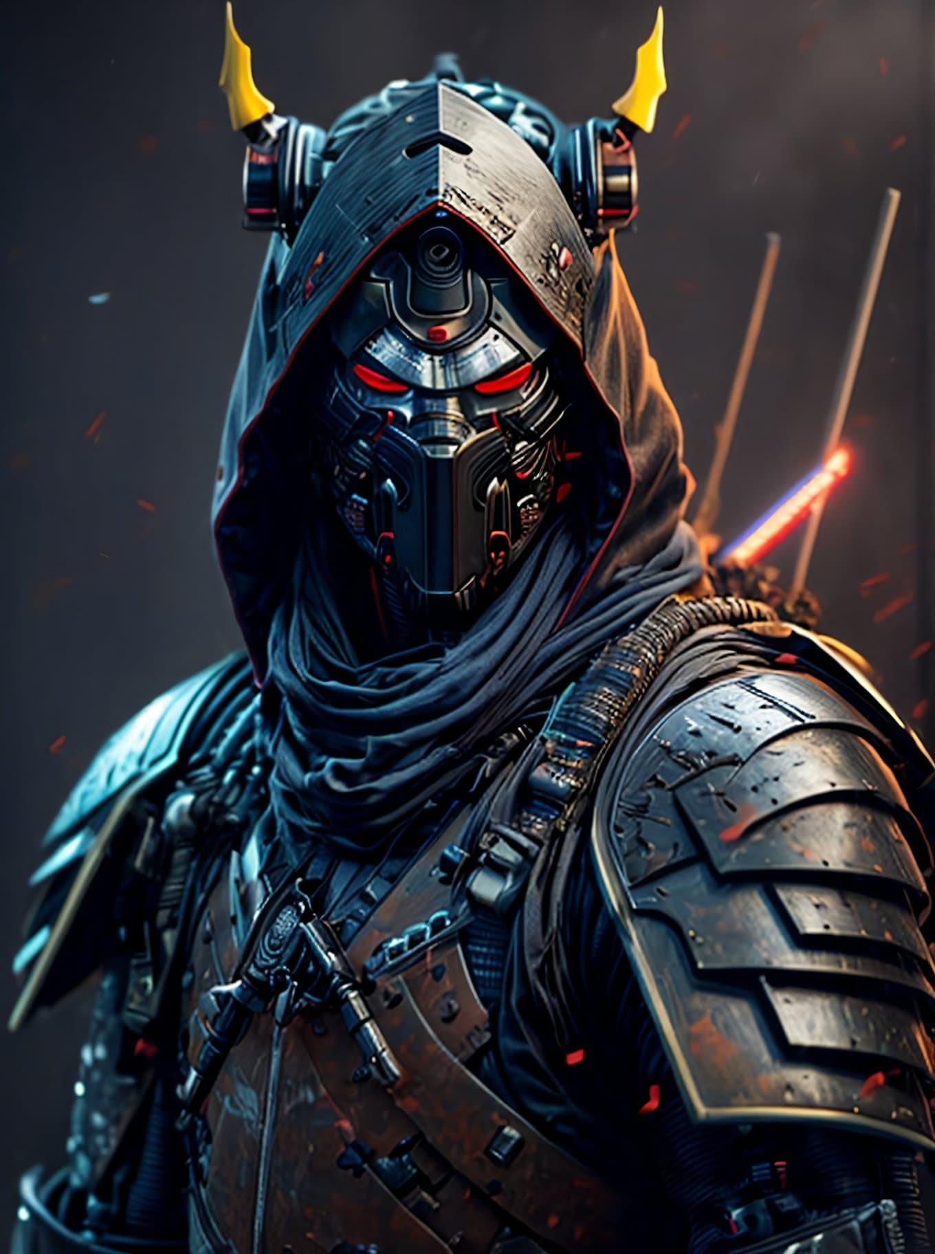 AI generated: a portrait of robot ninja samurai, cyberpunk