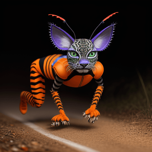 AI generated: alebrije lynx, beetle on atletism track , dressed in running orange jersey, full body, xbox 360 grap...