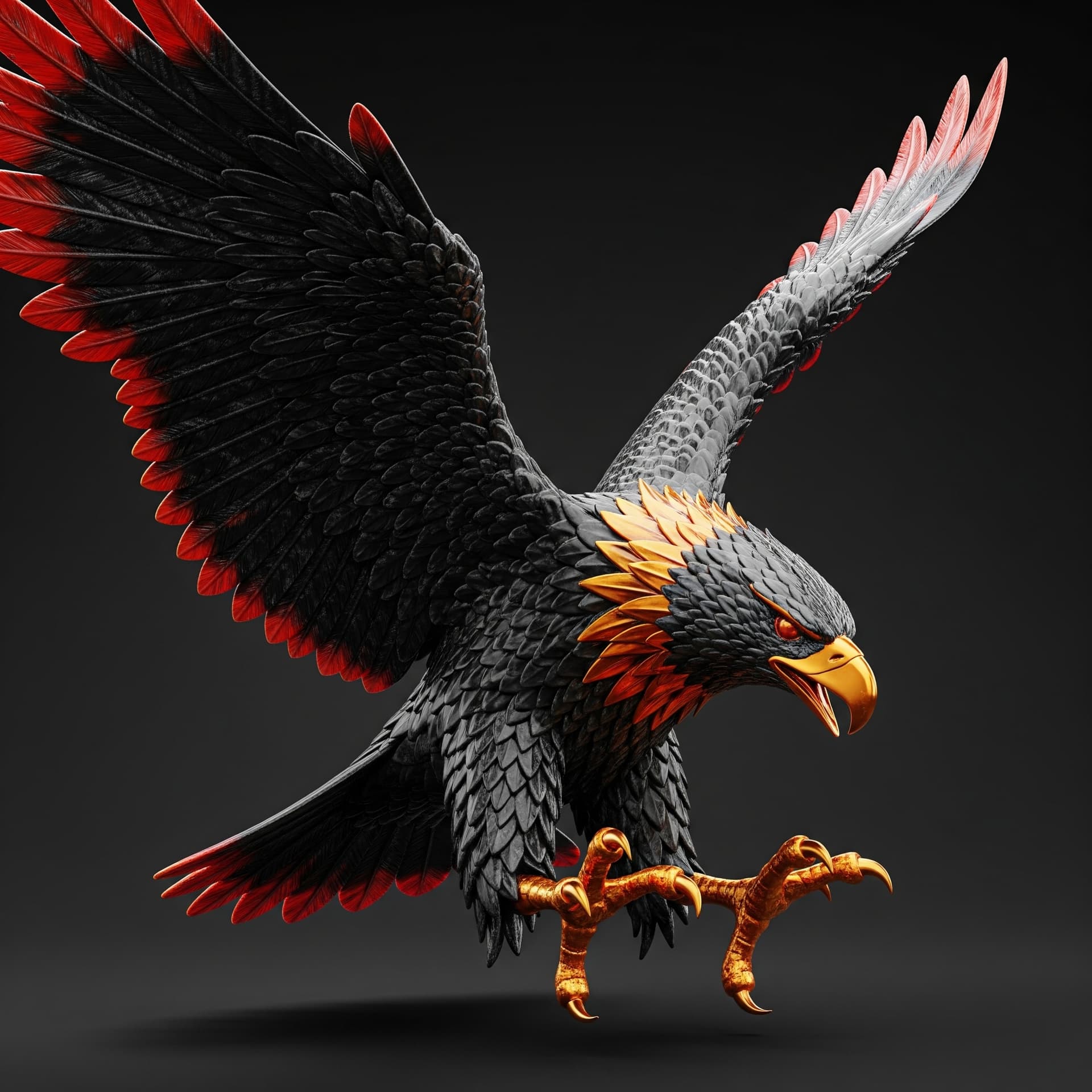 AI generated: A 3D render of a statue of a forged carbon eagle in an attacking flying pose. The eagle has red and ...